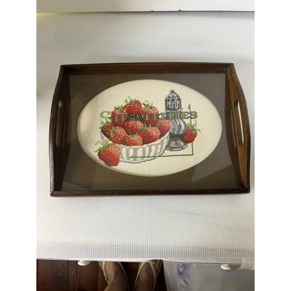 Vintage Needle‎ Point Strawberries Wooden Tray 13